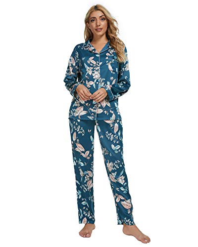 GOSO Pijamas de satén para Mujer Botones de Pijama para Mujeres Saten Conjuntos de Manga Larga Florales Ropa de Dormir de señora de salón Suaves