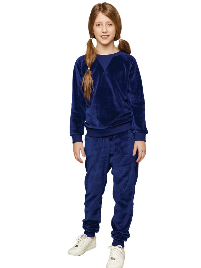 Winkiki Kinder Mädchen Velours Trainingsanzug Jogginganzug Sportanzug, in zwei Farben Rosa und Dunkel blau, Größe 140-164 (Dunkel blau, 152)