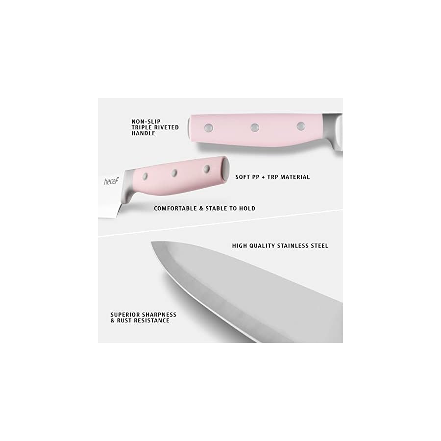 hecef Kitchen Knife Block Set, 14 Pieces Knife Set with Wooden Block & Sharpener Steel & All-purpose Scissors, High Carbon Stainless Steel Cutlery Set (Pink)