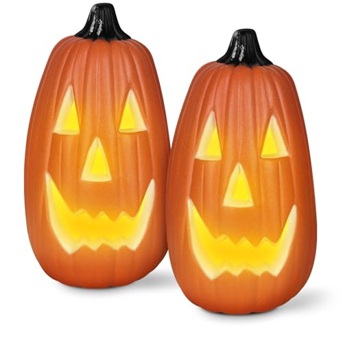 Lanpn 2 Pcs Halloween Pumpkin Lanterns Light Decor, 7 Color Cycle LED Light Jack O Lantern Classic Plastic Vintage Pumpkin for Indoor Outdoor Festival Party Decoration (Orange, 13.4