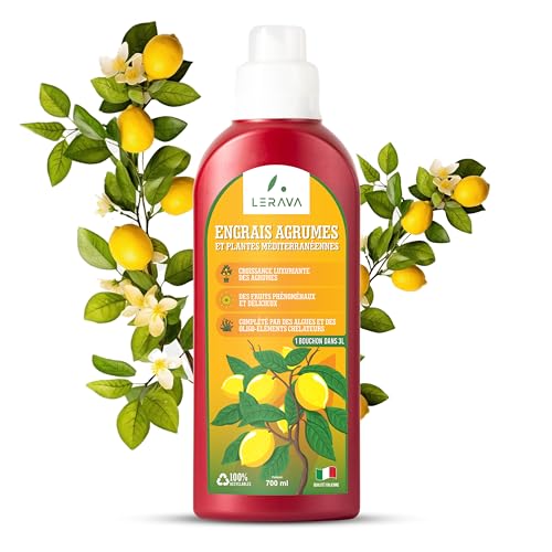 LERAVA® engrais agrumes liquide - 700ml avec doser tapo - Engrais citronnier et plantes méditerranéennes pour des fruits sains et juteux – avec des oligo-éléments - engrais liquide “Made in Italy”