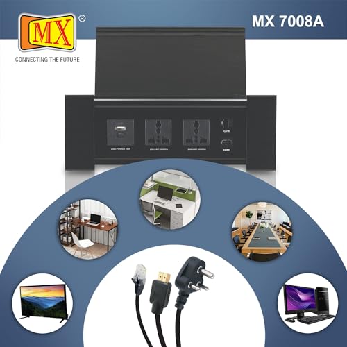Image of MX Premium Power Console 16A | 6 Universal Sockets + 2 USB Ports | Removable Desk Clamp | Master Switch | Desktop Socket with 3AC + USB-A /C + HDMI + LAN (Black)
