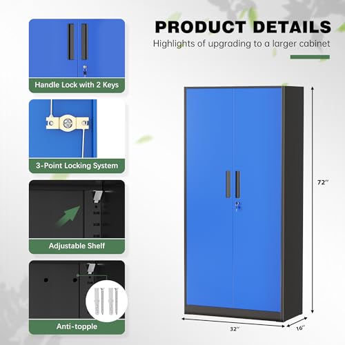 Image of Greenvelly Metal Garage Storage Cabinet with Doors and Shelves, 72 inch Steel Lockable File Cabinet,Office Storage Cabinet Tall Metal Cabinet for Garage Office School Gym Warehouse(Black Blue)