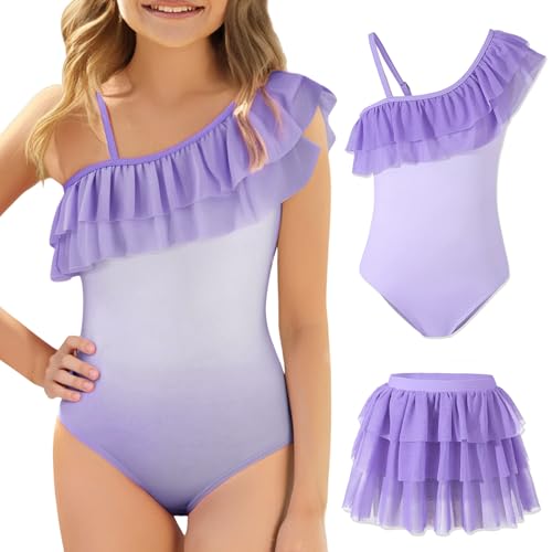 Image of Mikrdoo Girls One Shoulder Ruffle Bathing Suit Beach Outfits One Piece Swimsuit with Skirt