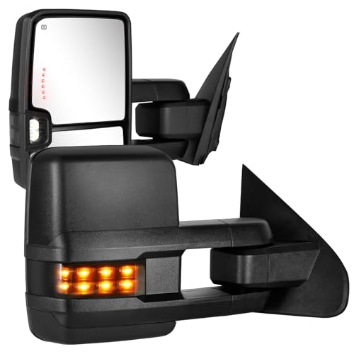 Towing Mirrors Compatible with 2014 2015 2016 2017 2018 Chevy Silverado GMC Sierra 1500 2500 HD 3500 HD with Power Glass LED Arrow Turn Signal Backup Lamp Running Light Heated Extendable Pair Set