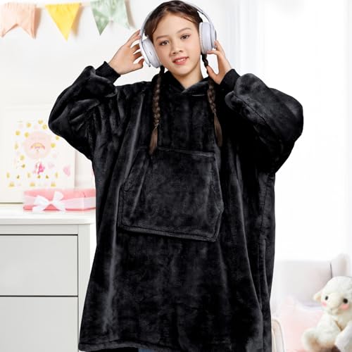 Image of Waitu Wearable Blanket for Kids, Cozy Wearable Blanket Hoodie for Teens Girls Boys, Warm Blanket Sweatshirt Gift for Teenage, Hoodie Blanket with Sleeves and Giant Pocket - Black