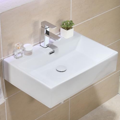 HOROW Waschbecken 60 Wandmontage Bad Aufsatzwaschbecken Weiß Keramik Handwaschbecken, Waschbecken Klein Gäste WC, Modern Stilvoll, KEIN Pop-Up-Abfluss, 60 x 42 cm