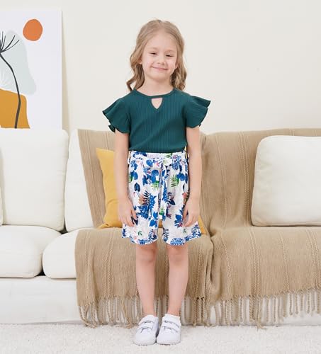 Image of Axumity Toddler Girl Clothes Outfits Tropical Print Short Sleeve Top + Belted Floral Shorts 2PC Summer Clothing Set(7-8T)