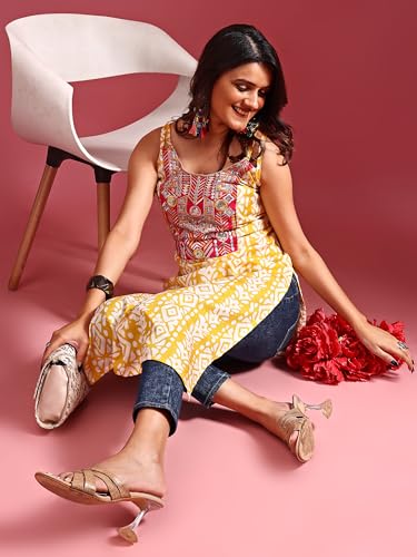 Image of EthnicJunction Women's Cotton Blend Straight Fit Straight Embroidered Batik Print Shoulder Straps Kurta | Navratri Special Kurta