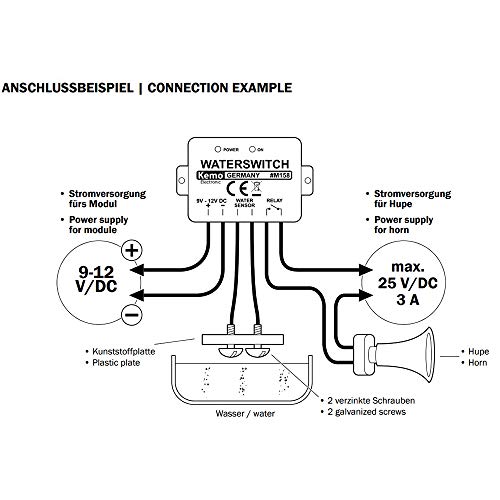 Kemo M158 Wassermelder 9 - 12 V/DC. Integriertes Relais. Steuern von Sirenen, anderen Abschaltrelais usw. Mit LED-Anzeigen. Stromaufnahme <10 mA