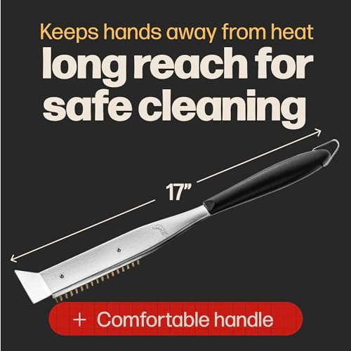 Hans Grill Cleaning Brush and Scraper for Pizza Stone/Oven | 17” 2-in-1 Tool with Non Scratch Heat Proof Brass Bristles and Stainless Steel Scraper | Heat Resistant Brush Head and Handle