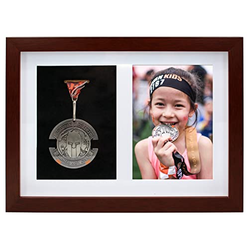 Medal Display Shadow Box Frame for Single Medal & Photo - Case for Runners, Marathon, Soccer, Football, Gymnastics, All Sports (Walnut Brown, A4)