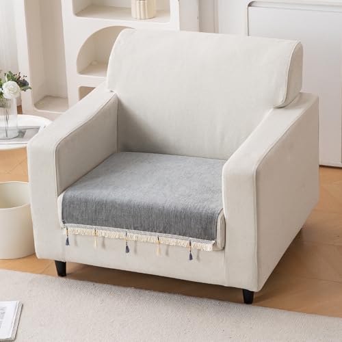 Image of HOKIPO 'Serenity Tassel' Chenille 1 Seater Sofa Cover with Tassel - Glacier Silver (IN-890-LGRY)