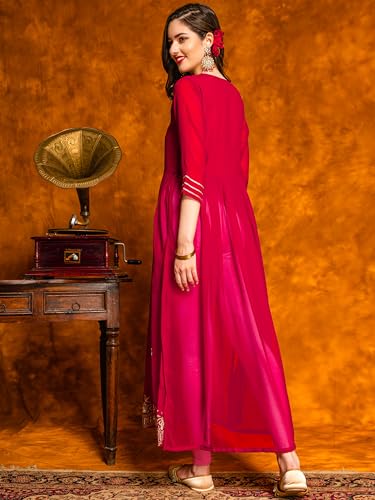 Image of EthnicJunction Women's Georgette Relaxed Fit A Line Embroidered Naira Cut A-Line Kurta | Karva Chauth Special Kurta
