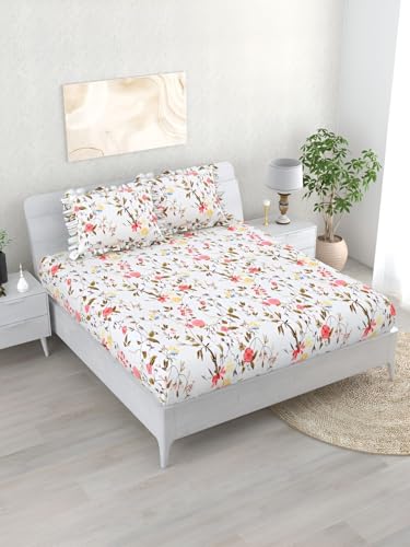 Image of VOMZER Cotton Feel King Size Flat Bedsheet for Double Bed, 1 Cotton Feel Bed Sheet Double Bed (90x100 Inches) with 2 Frill Pillow Cover, White Leaf