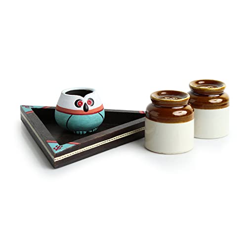 Image of ExclusiveLane 'Desert Owl-Jar Pack' Handglazed Ceramic Salt & Pepper Shakers Set with Terracotta Toothpick Holder & Wooden Tray - Salt Pepper Set for Dining Table Fancy Salt Containers for Kitchen