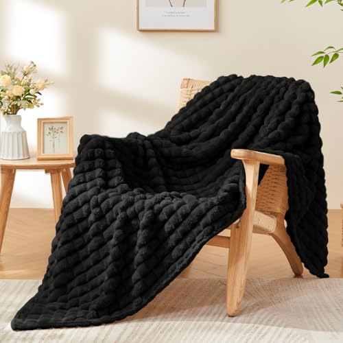 Image of BEDELITE 3D Checked Black Fleece Throw Blanket for Couch, 50x60 Inches