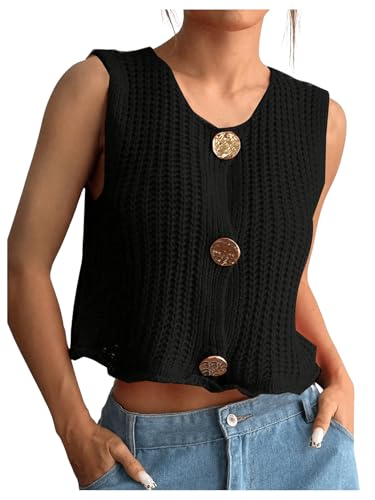 GORGLITTER Women's Button Up Cropped Cardigan Sleeveless Sweater Vest Crochet Boho Tops Dressy Casual