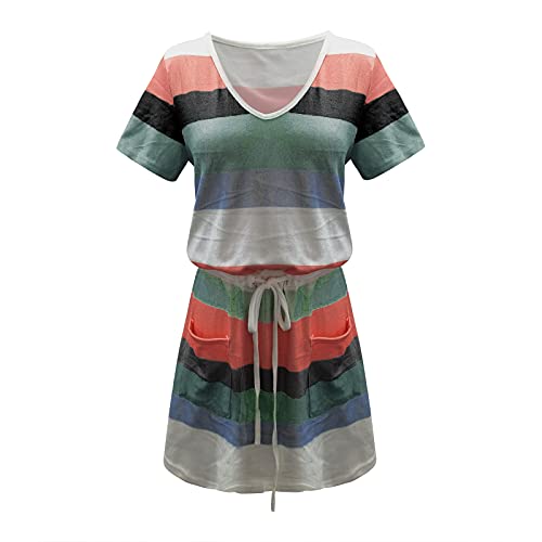 BFAFEN Amazon Deals Women Summer Dresses Fashion Short Sleeve Stripe Print Dress V Neck Tie Waist Casual T Shirt Dress with Pockets Beach Dresses for Women - Image 3