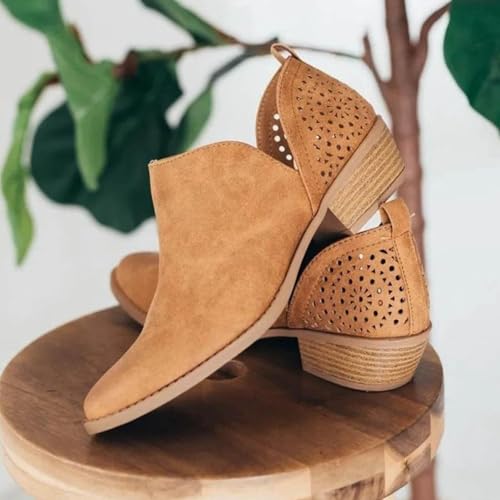 Cowboy Boots for Women Ankle Booties for Women Casual Short Chunky Heel Slip On Hollow Out Low Heel Side V-Cut Western Booties Shoes4