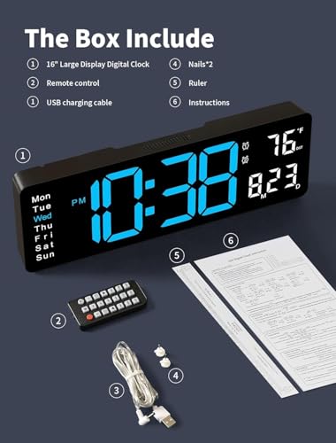 Image of 15-Inch Digital Wall Clock with Large LED Display - Remote Control, Auto-Dimming, Night Light, Date, Day, Temperature, DST Function - Ideal for Living Room, Bedroom (16 Inch Blue)