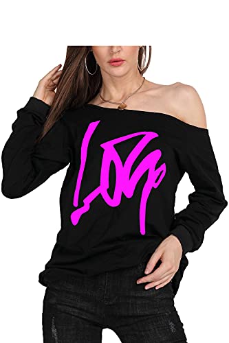 Image of MAGICMK Woman's Sweatershirt Lips Print Causal Blouse Off The Shoulder Long Sleeve Loose Slouchy Pullover Plus Size Tops
