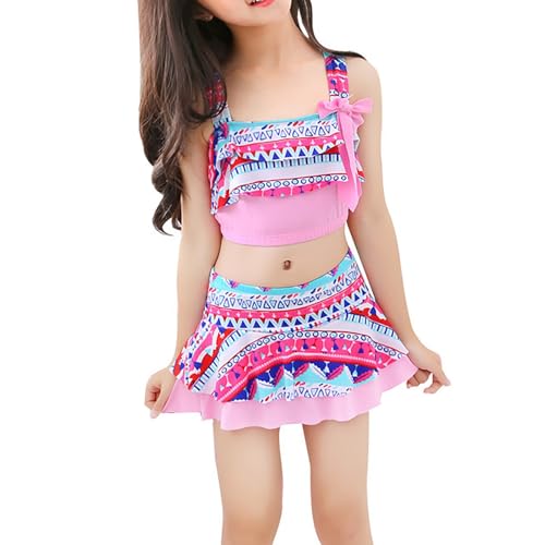 Clearance Girls Swimsuit Tankini with Skirt Teen Girl 2 Pieces Bathing Suit Beach Bikini Swimwear with Skirt Bohemia Style for Age 9-10 Years,001_Pink