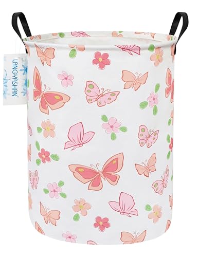 Image of LANGYASHAN Laundry Basket Canvas Fabric Collapsible Organizer Basket for Storage Bin Toy Bins Gift Baskets Bedroom Clothes Children Nursery Hamper (Pink Butterfly)