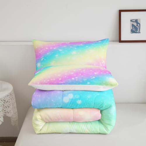 Image of Feelyou Rainbow Comforter Set Twin, Tie Dye Pastel Bedding Set Stars Glitter Comforter for Kids Colorful Stripes Bedspread C Room Decor with 1 Pillow Case