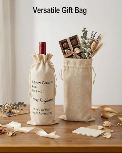 Image of Newly Beginning Wine Gift Bag for Her Reusable Linen Drawstring Wine Bag for Retirement, Graduation & Farewell Gifts, Holds 750ml Bottle