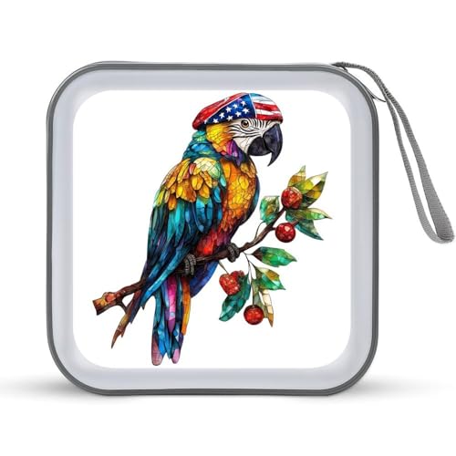 Colorful Parrot with American Flag Cap CD Case DVD Storage Case Portable