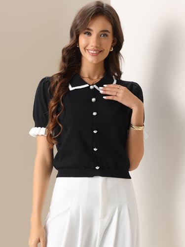 Allegra K Women Short Sleeve Sweater Tops Summer Elegant Collared Work Shirts2