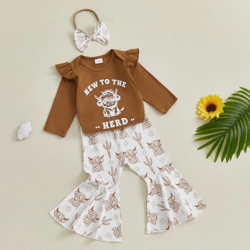 Western Baby Girl Outfit Newborn New to The Herd Long Sleeve Romper Cow Flared Pants Headband Set 3Pcs Fall Clothes4