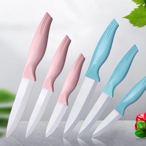 Zhiyun 6-Pieces Kitchen Ceramic Knives Set, 5-Inch for Vegetable and meet, 4-Inch for Fruit, 3-Inch for Peeling,Suitable for Beef Chicken Vegetable Fruit Butter and Bread (Pink and Blue)