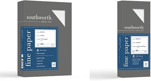 Southworth Papel de negocios de 25% algodón, 8.5 x 11 pulgadas, 24 lb90 GSM, acabado de lino, blanco, 500 hojas y sobres de 25% algodón #10, 4.125 x