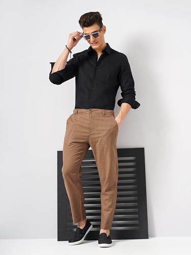 Image of Celio Men Brown Solid Regular Fit Linen Trousers