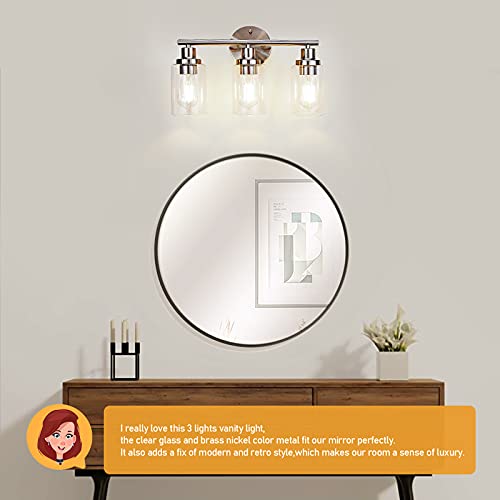 Apenath Vanity Wall Light Fixtures, Modern 3 Lights Wall Sconce With Clear Glass Shade, Brushed Nickel Farmhouse Wall Lamp For Bathroom Mirror Kitchen Porch Living Room Workshop (E26 Base) #TOP2