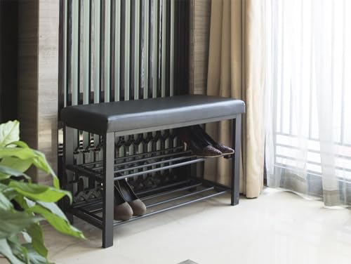 Image of Entryway Shoe Rack with Cushioned Seat, Shoe Bench for Entry, 2 Shelves Storage Faux Leather Top Bed Bench, Black