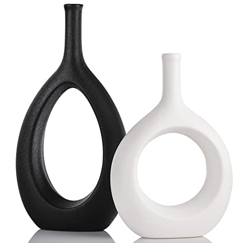 Black White Ceramic Vase Set 2,Modern Hollow Circle with Hole Flower Vase for Home Decor,for Table Centerpieces,Farmhouse,Fire Place,Living Room,Bedroom,Office,Bookshelf,Rustic Decor