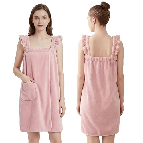 PJGGZ Towel Wrap for Women - Ruffled Straps Absorbent & Quick Dry Towel Bathrobe Lightweight for Shower and Spa(Including Plus Size)(Light Pink S/M)