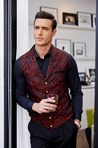 Coofandy Mens Suit Vest Red/Black Paisley Floral Tuxedo Vest Formal Waistcoat Steampunk Vest With Single Breasted Wine Red, Xx-Large #TOP2