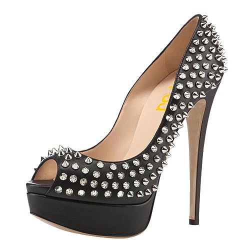 FSJ Women Classic Rivets Platform Heel Peep Toe Pumps High Stiletto Heel Slip On Studded Sexy Wedding Party Dance Shoes Size 4-16 US