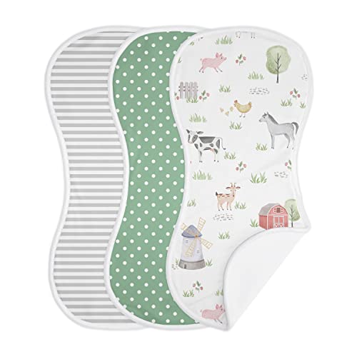 Image of Sweet Jojo Designs Farm Animals Baby Boy Girl Absorbent Burp Cloths Infant Newborn Grey Red Black and White Green Watercolor Farmhouse Barn Horse Cow Sheep Pig Gender Neutral 3 Pack Set Dribble Drool