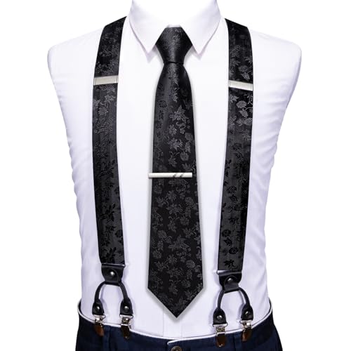 Image of Barry.Wang Men Suspender Set with Necktie Elastic Y Type Heavy Duty 6 Clips Braces Tie Handkerchief Cufflink Pin 6PCS