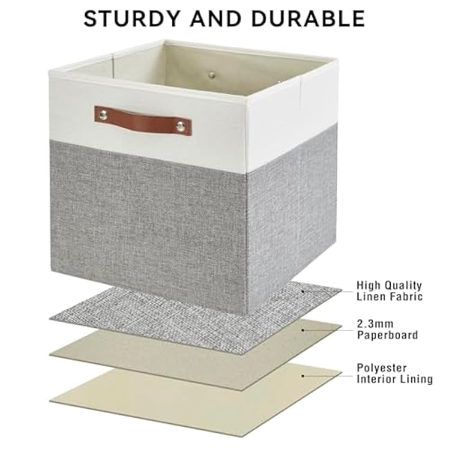 Collapsible Fabric Storage Cube Bins with 2 Reinforced PU Handles, Foldable Storage Organizer Baskets for Closet, Shelves, Living Room | 13x13x13, 4 Pack, Gray & White