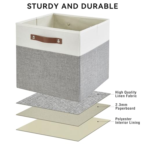 Collapsible Fabric Storage Cube Bins with 2 Reinforced PU Handles, Foldable Storage Organizer Baskets for Closet, Shelves, Living Room | 13"x13"x13", 4 Pack, Gray & White - Image 6
