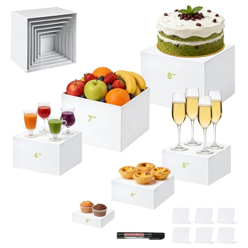 Buffet Risers 6 Pcs Food Display Risers w/Mini Signs & a Pen Acrylic Catering Dessert Jewelry Figures Show Collectibles Table Decor Display Stand 8x7x6x5x4x3 Inch White Cube Showcase Shelf Boxes