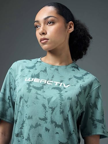 Image of TECHNOSPORT Women's Relaxed Fit Abstract Print Jacquard Crew Neck Half Sleeve T-Shirt for Gym, Sports & Regular Use