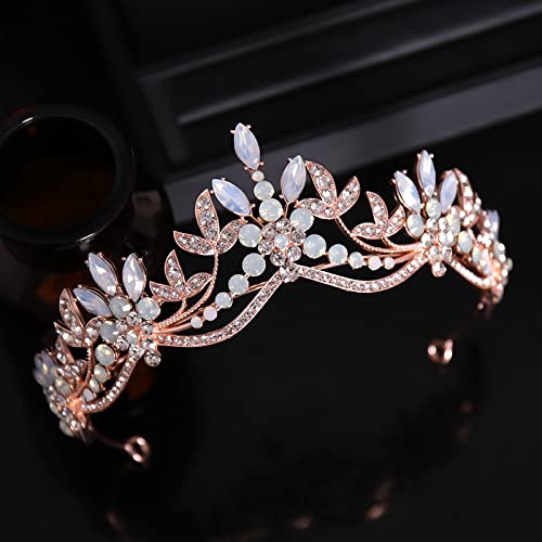 Diamentowa Tiara luksusowe różowe kryształowe koraliki liście diademy ślubne korony Rhinestone korowód Diadem panna młoda opaski ślubne akcesoria do włosów
