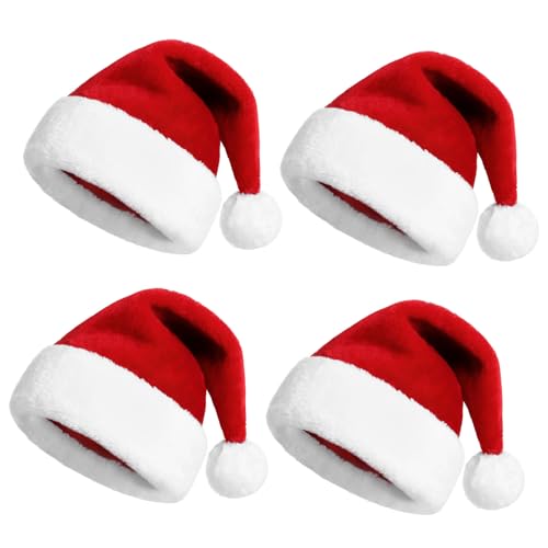 KONVINIT Chapeau Pere Noel Adulte Bonnet Noel Lot de Bonnet de Noel Rouge en Peluche Ornements de Noël Chapeau pere Noel,pour Adulte,4 pièces